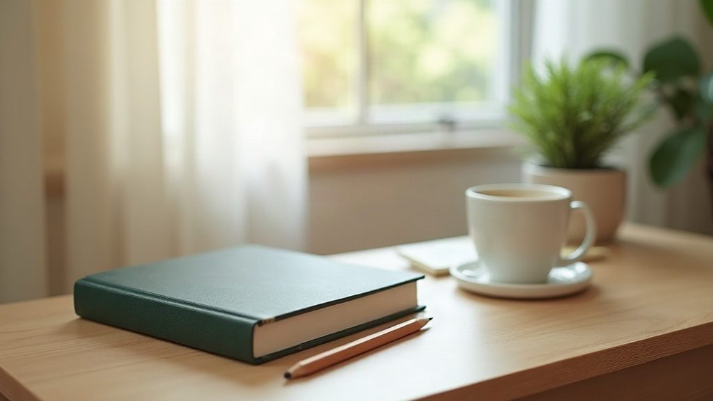 朝の光が入る木の机に、表紙に何も書かれていない深緑のハードカバーの本と鉛筆、白いコーヒーカップが置かれている