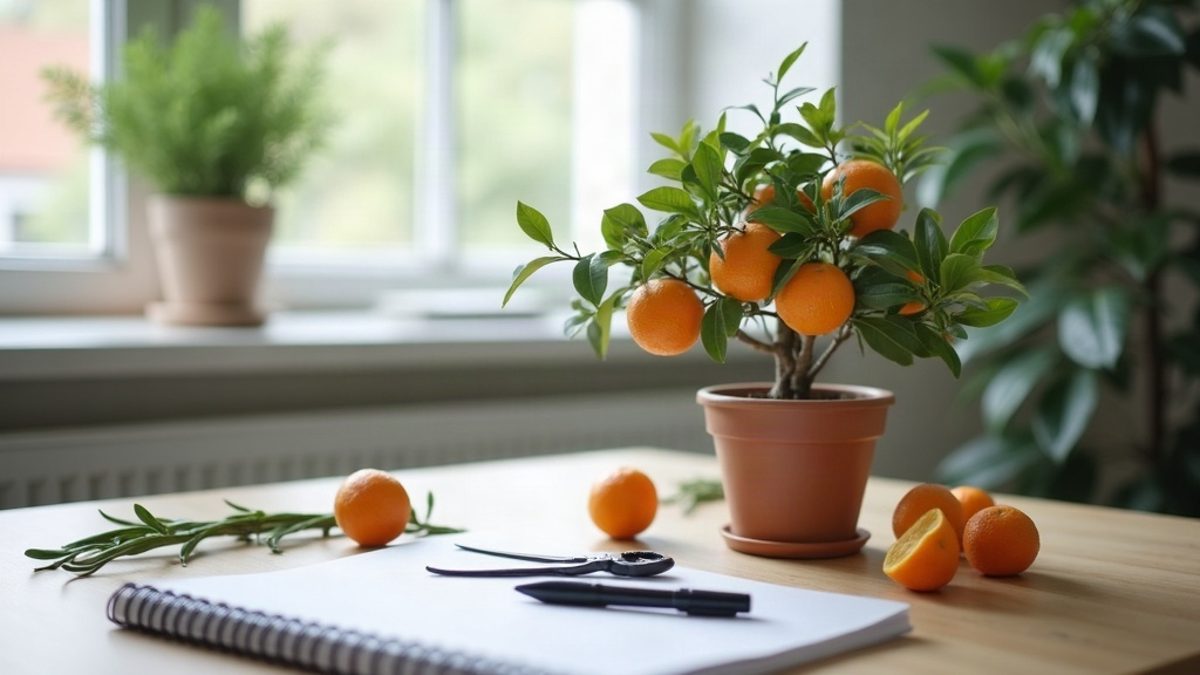 事務所の机の上に、小さく剪定された鉢植えのみかんの木に実がなり、切った枝と剪定ばさみ、閉じたノートとペンが置かれている