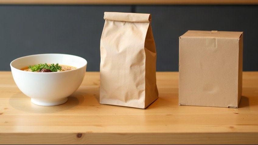 小さなラーメン店の木のカウンターに、ラーメンのどんぶり、テイクアウトの紙袋、発送用の段ボール箱が並んでいる