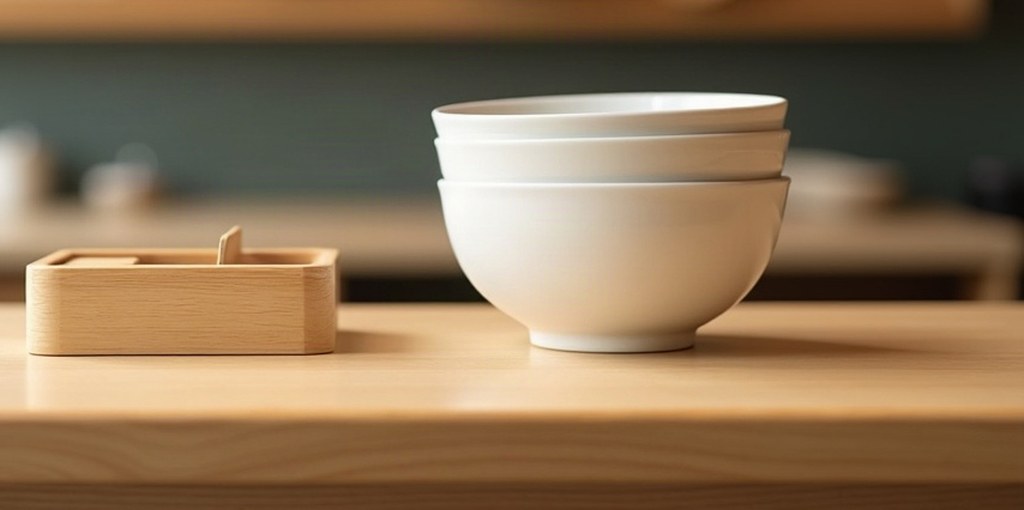 ラーメン店の木のカウンターに、空の木のつり銭トレーと、重ねた白いどんぶり