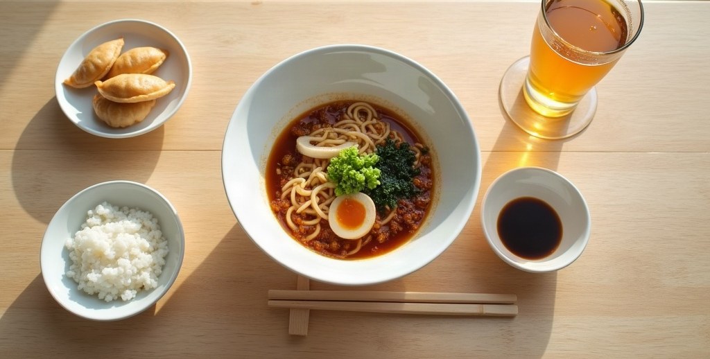 木のカウンターに、ラーメン、餃子、ライス、ビールが並んでいる。メニューの組み合わせ